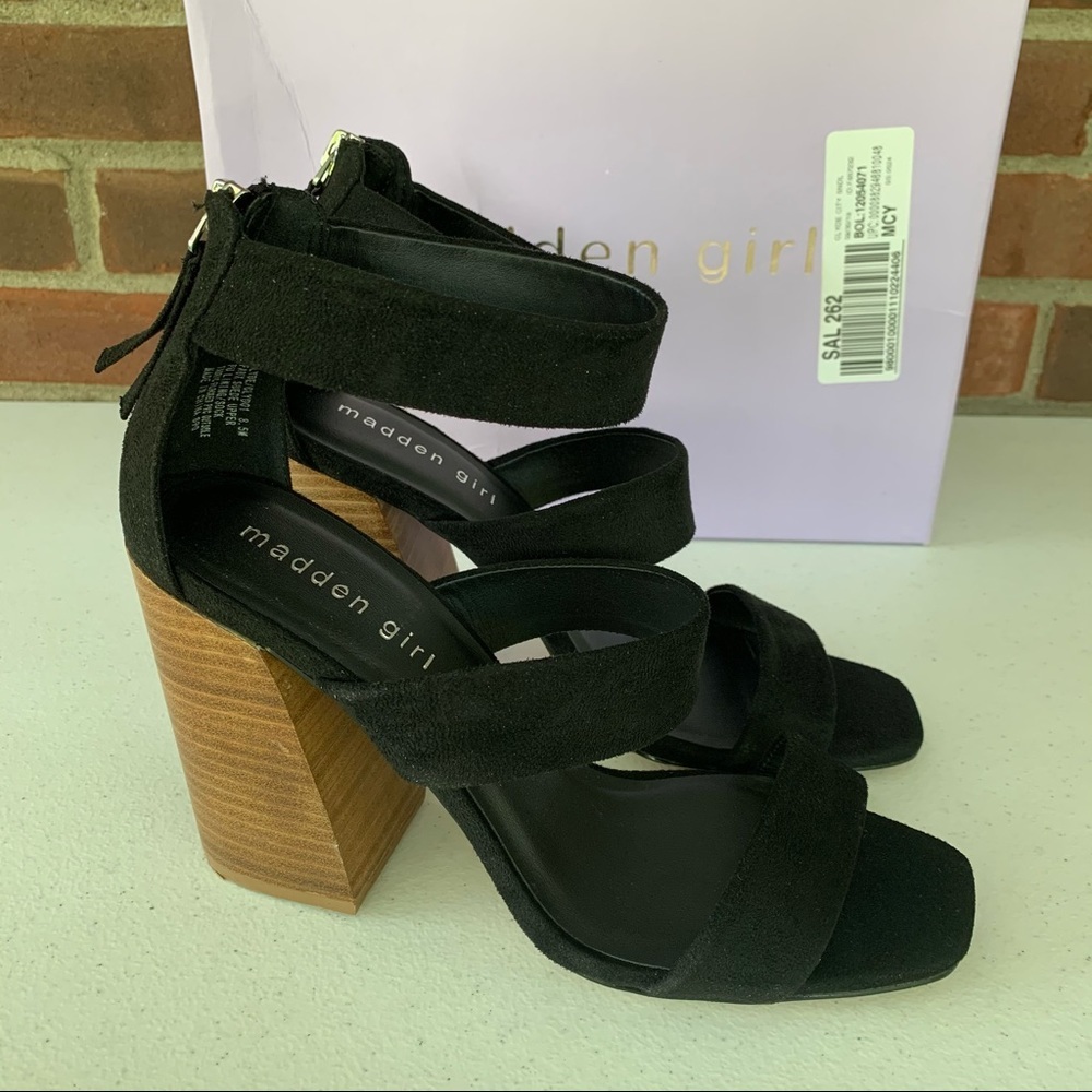 Madden Girl Clyde Black Chucky Heel Cage Sandals